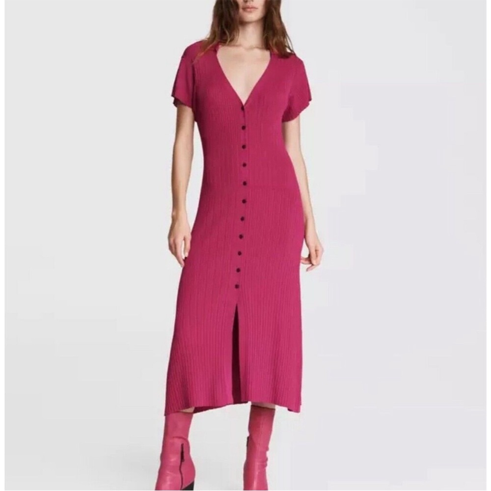 Rag & Bone Esme Deep Pink Ribbed Button-Front Midi Dress